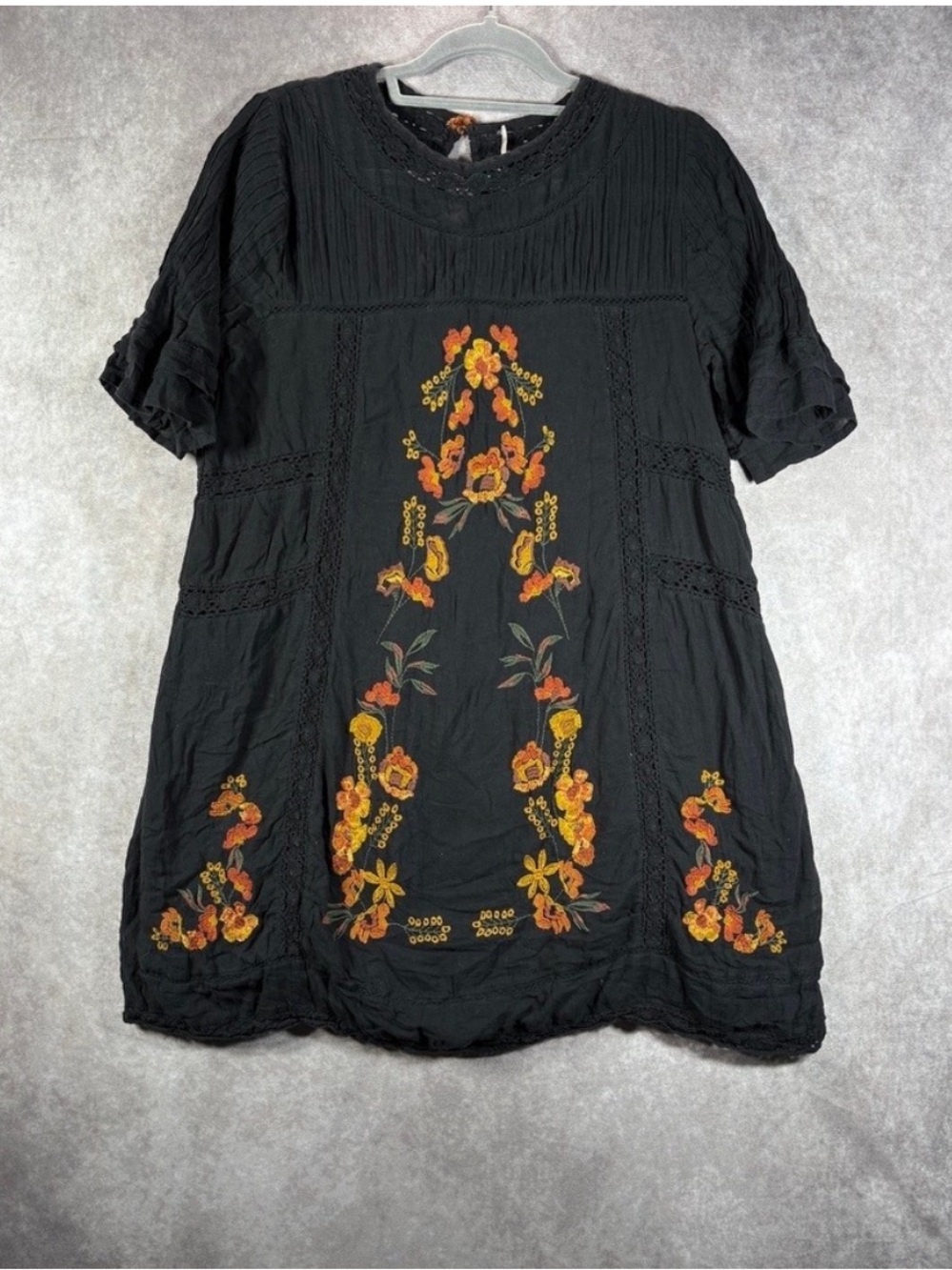 Free People Mini Dress Womens Medium Black Floral Embroidered Boho Peasant Gauze